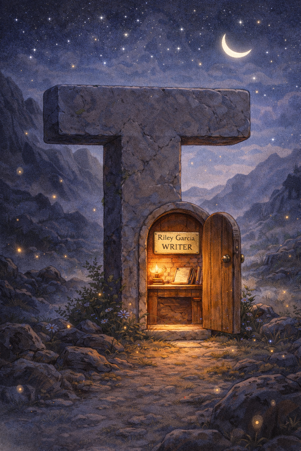 Watercolor illustration of letter T with a door